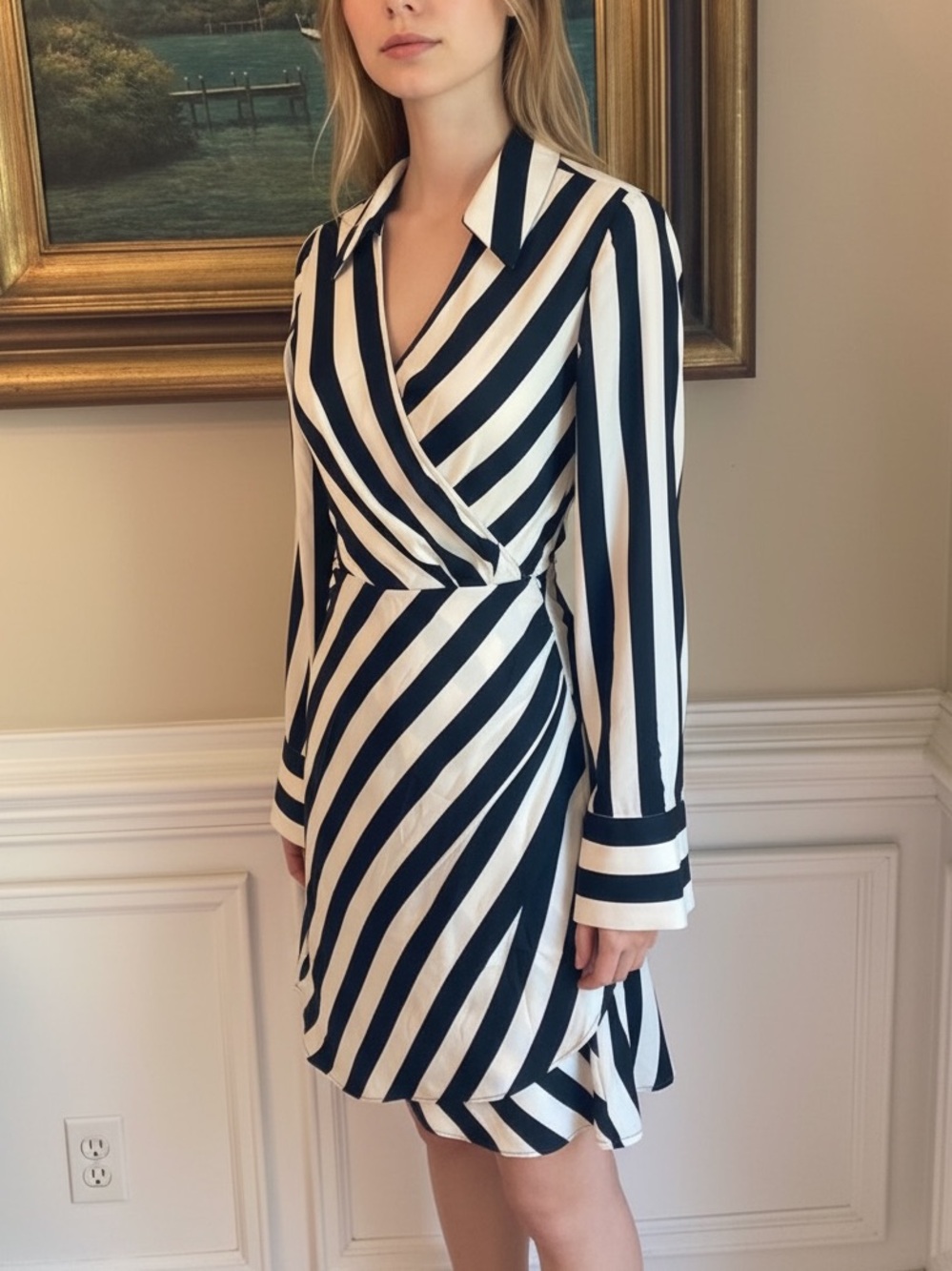 H&M Black White Cream Cabana Stripe Wrap Dress NWT
